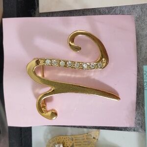 Goldtone Fancy Initial N Sparkling Brooch
